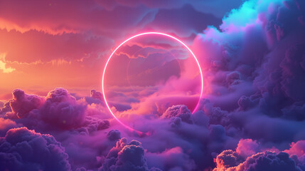 Dreamy sunset sky with neon glowing circle hovering above fluffy pink clouds