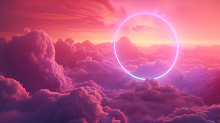 Dreamy sunset sky with neon glowing circle hovering above fluffy pink clouds