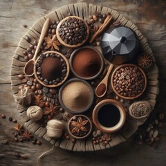 Four varieties of coffee beans and ground coffee arranged on weathered driftwood, ready to brew