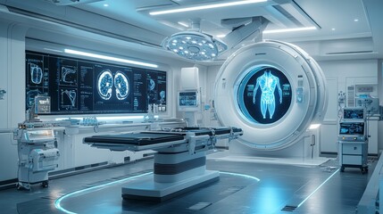 High-tech surgical room with holographic displays showing human anatomy, floating alongside robotic arms, futuristic, bright white and blue, 3D render, showing advanced medical procedures