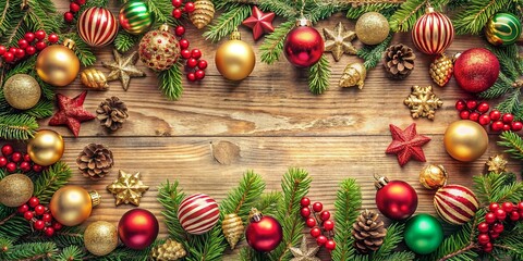 A Festive Frame of Evergreen Branches, Baubles, and Stars on Rustic Wooden Background