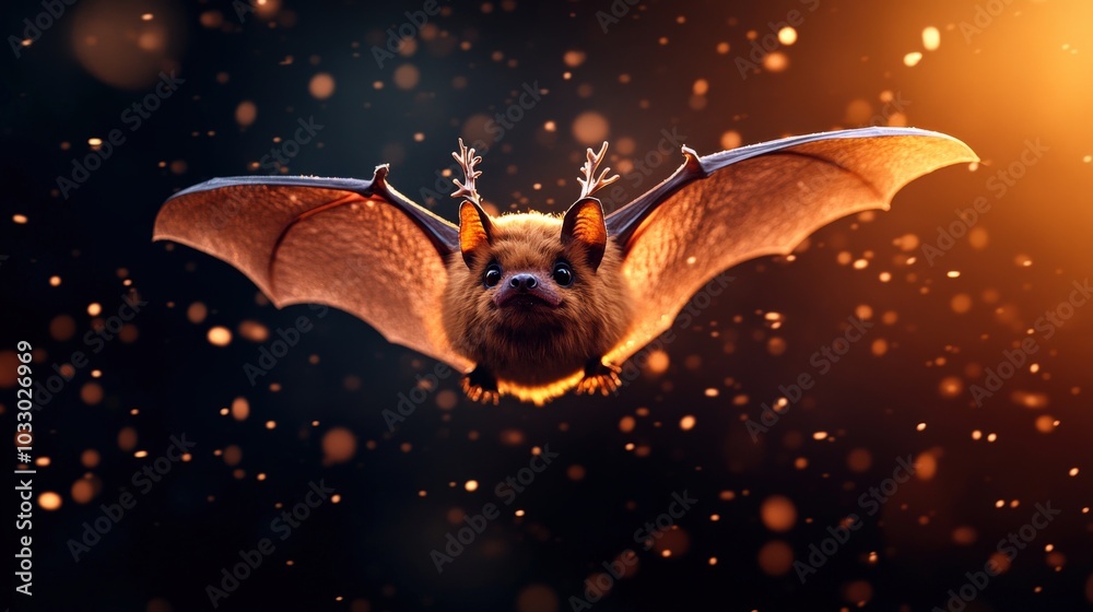 Sticker Bat in flight, surrounded by sparkles, dramatic lighting, ethereal atmosphere.