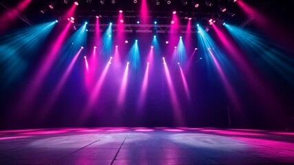 concert event stage with blue pink spotlights glowing shine on floor with dry ice fog