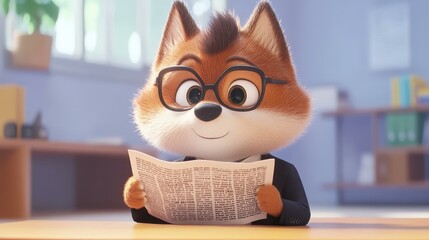 A dapper husky dons a suit and glasses while immersed in a newspaper, set in a chic office with a clean backdrop.