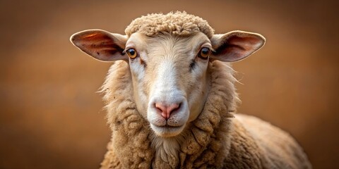 Obraz premium A fluffy sheep with soft brown fur and curious, amber eyes gazes directly at the camera with an air of gentle curiosity.