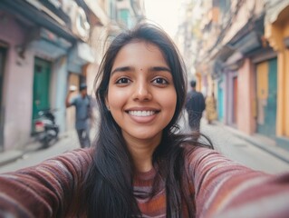 Happy Traveler in Colorful Old Town
