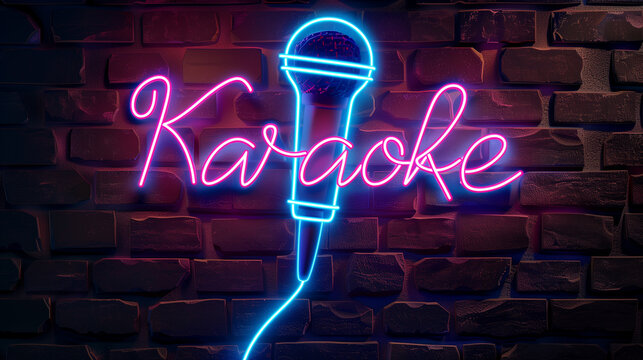 Neon karaoke sign with microphone glowing in pink and blue on a brick wall