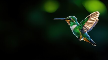 Fototapeta premium Colorful hummingbird hovering in mid-air against a blurred background.