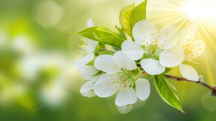 Obraz premium Beautiful closeup of cherry blossoms surrounded by soft sunbeams, capturing vibrant colors and the essence of spring renewal.