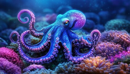 Obraz premium A vibrant blue octopus with pink spots and large eyes rests on a colorful coral reef with soft lighting.