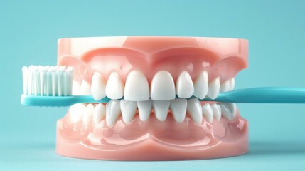 A vibrant photo of an electric toothbrush in action on a toy jaw model, showcasing effective dental care.