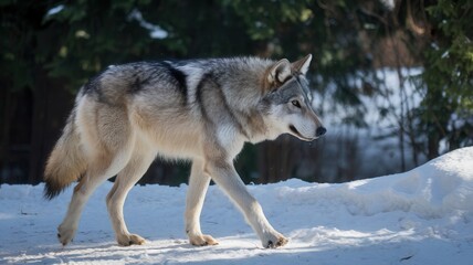 Fototapeta premium Grey wolf walking through the snow