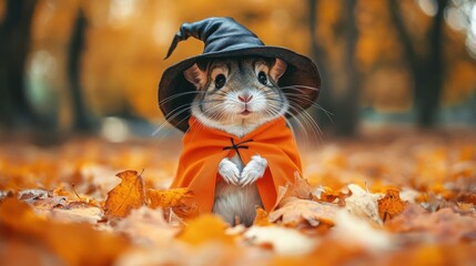 A charming chinchilla dons a witch hat and cloak, casting adorable tiny spells in a clean, magical space.