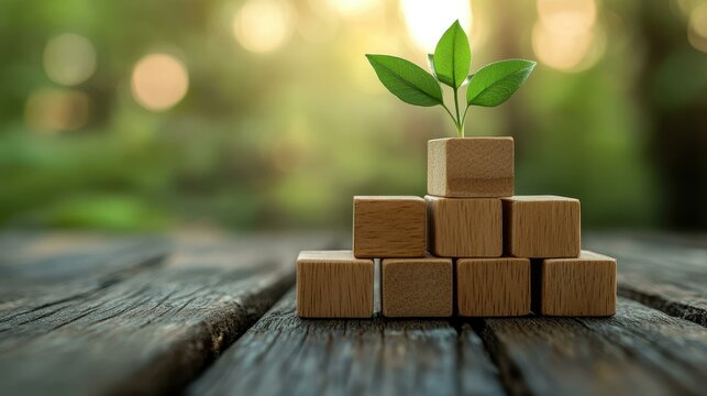 Explore the concept of ISO  certification with wooden cubes and a sprout, symbolizing sustainability and quality.