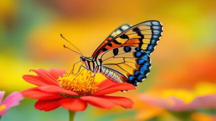 Fototapeta premium A stunning closeup of a leopard butterfly sipping nectar from bright wildflowers, perfectly captured in golden hour light.