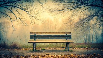 A solitary wooden bench amidst the ethereal haze of a foggy autumn morning,  framed by the skeletal branches of bare trees, hinting at a sense of peaceful contemplation.