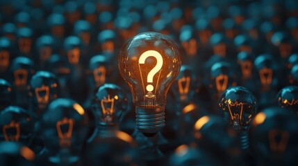 A vibrant lightbulb with a question mark filament illuminates a diverse crowd, representing the spark of curiosity and problemsolving.