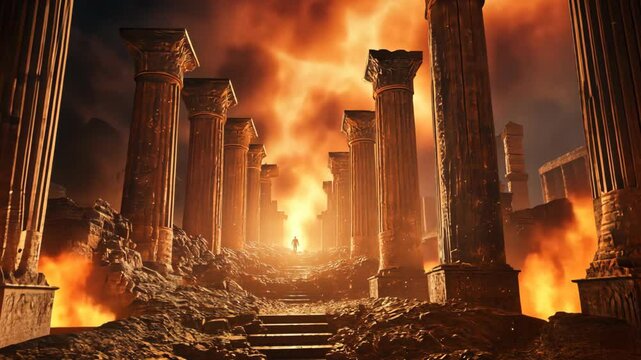 ruin of ancient roman temple burning in flame with cloud smoke 