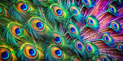 A symphony of iridescent hues, a captivating display of peacock feathers, showcasing nature's artistry in vibrant greens, blues, and yellows.