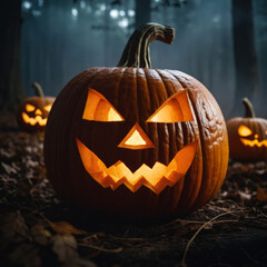Halloween background - glowing pumpkins in the forest