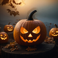 Ominous glowing pumpkins lie on a stump against a full moon backdrop