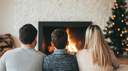 A cozy family scene by a fireplace, with joyful moments shared, illuminated by a Christmas tree's warm lights.