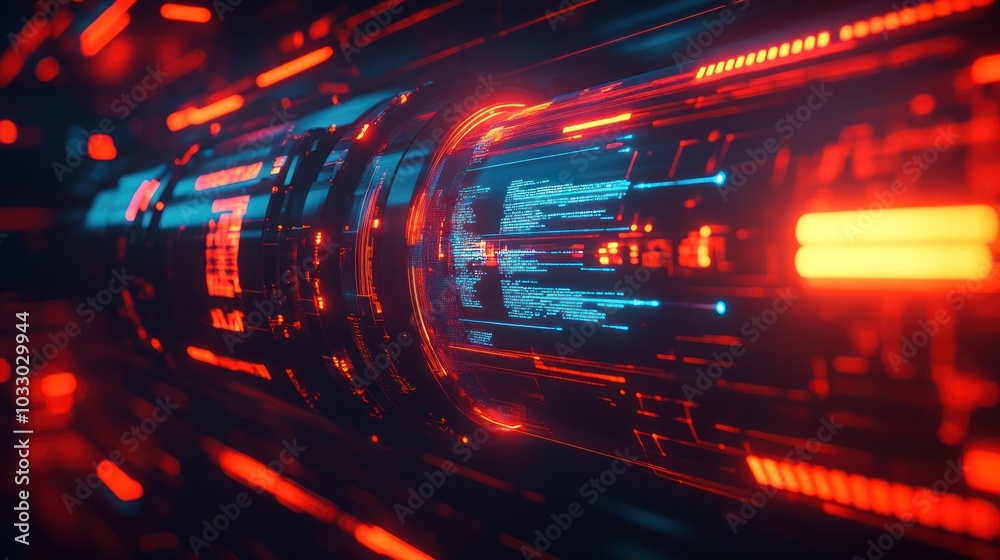 Poster futuristic glowing red and blue digital interface with code