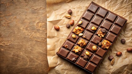 A Delectable Chocolate Bar Adorned with Roasted Nuts and Caramel Bits on Crinkled Parchment Paper