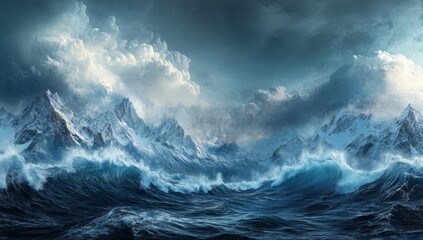 A dramatic seascape with towering snow-capped mountains and crashing waves under a stormy sky.