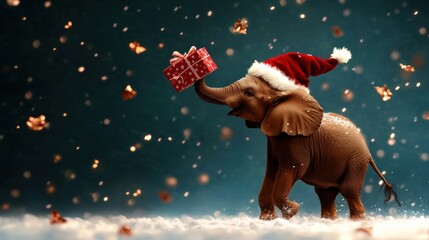 Elephant in a Santa hat holding a gift, festive winter scene.