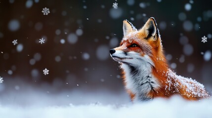 Fox in snow, serene winter landscape, snowflakes falling gently.