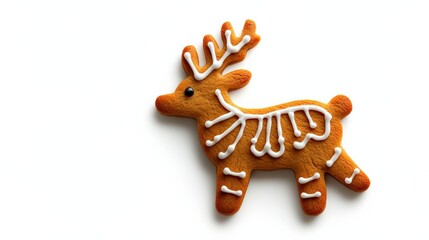 Gingerbread reindeer cookie, decorative icing, on a white isolated background.