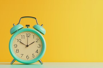 A vintage-style teal alarm clock stands against a bright yellow background, emphasizing a cheerful and nostalgic aesthetic.