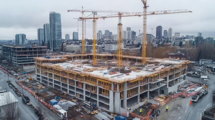 Urban Construction Site with Cranes and Cityscape