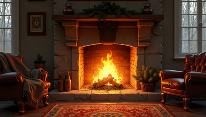 Cozy living room with a roaring fireplace and armchairs