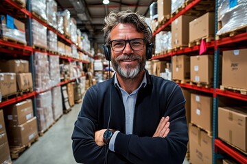 A smiling warehouse manager stands confidently among stacked boxes, wearing headphones in a busy distribution center.