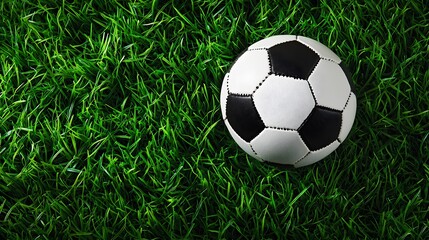 Obraz premium High-angle shot of a football laying on fresh grass, shadow cast to the side, blank space for text to the top left, vibrant colors. Football, Grass Background