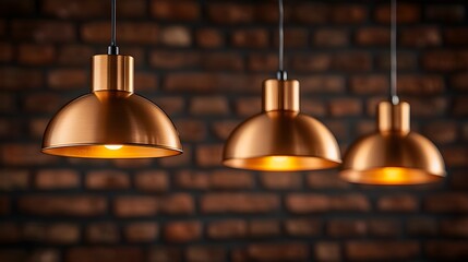 Obraz premium Industrial-style pendant lamps hanging in clusters against a rustic red brick wall, warm ambient lighting creating a cozy atmosphere
