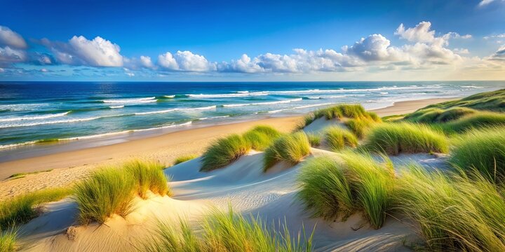 A view of a serene coastline, featuring rolling sand dunes, vibrant green grasses, and a gentle sea stretching towards the horizon under a bright, sunny sky with fluffy white clouds.