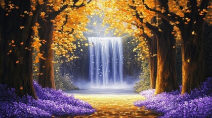 A peaceful tree tunnel filled with golden autumn leaves, opening up to reveal a majestic waterfall and a carpet of purple flowers lining the pathway.
