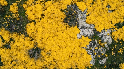 A vibrant aerial shot of a vast field of golden rapeseed flowers, resembling a bright yellow carpet under the sun, creating a striking contrast with green patches.