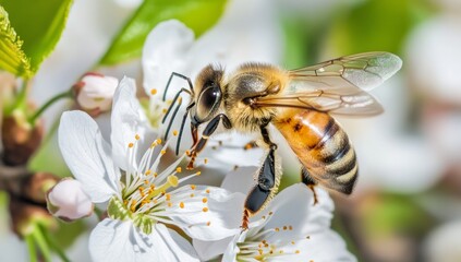 A honey bee collecting pollen from a white cherry blossom flower.