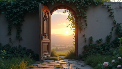 Stone archway leading to a beautiful garden at sunset