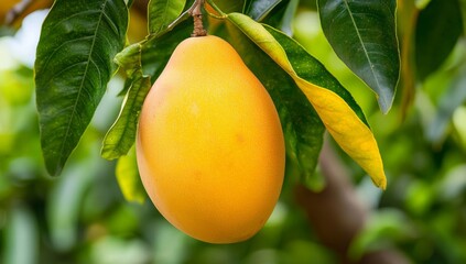 A ripe yellow mango hanging from a tree branch with green leaves.
