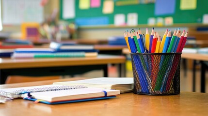 Colorful Pencils in a Classroom Setting