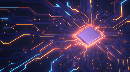 Abstract digital circuit board with bright lines on a dark background.  AI generate image