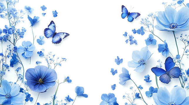 Blue flowers and butterflies on a white background