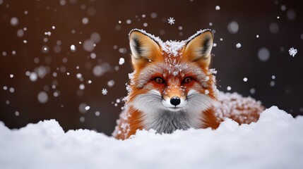 Red fox in snow with falling snowflakes, beautiful winter scene.