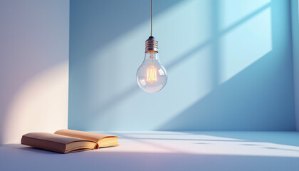Minimalist desk with a single hanging light and a book