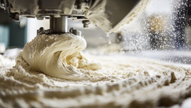 Dough being mixed in a large industrial mixer.